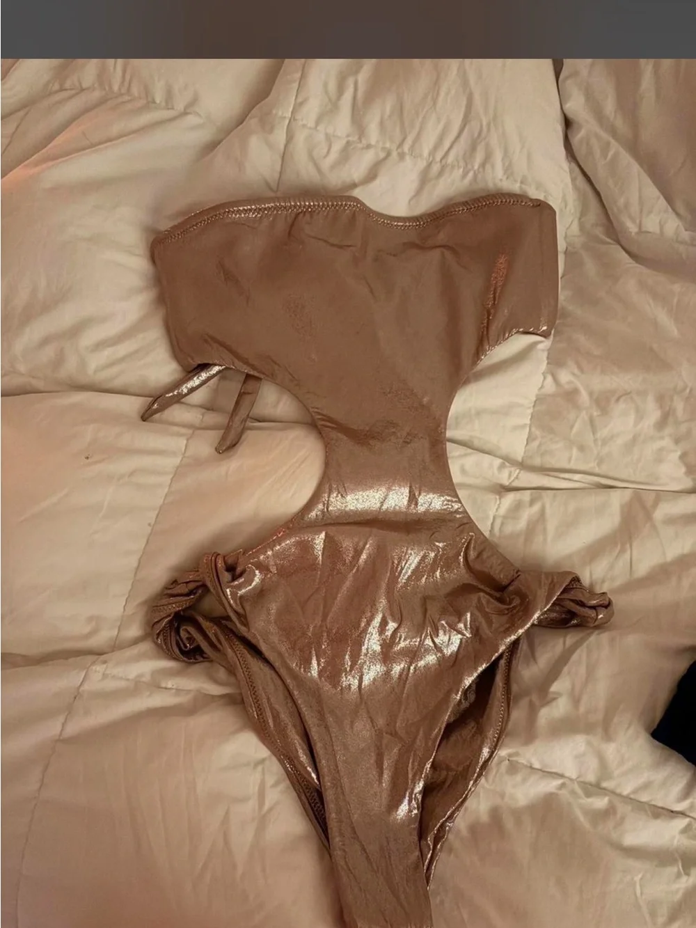 SKIMS Metallic Rose Gold Strapless Cutout One-Piece Swimsuit